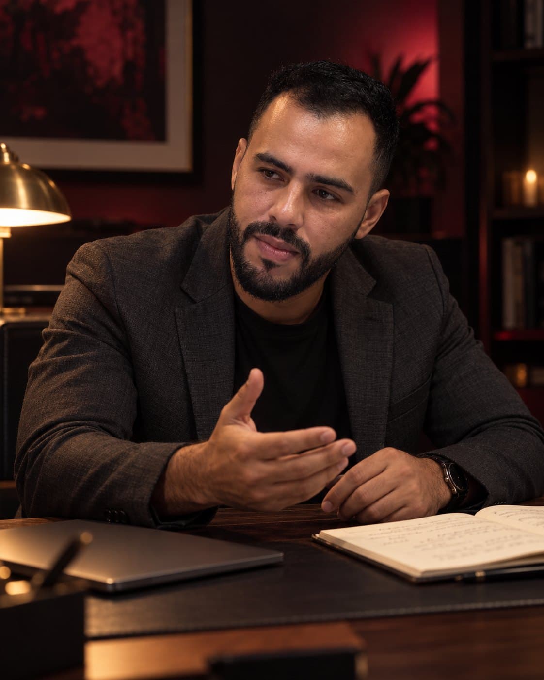 Ayoub Jouini explaining something across a desk at night